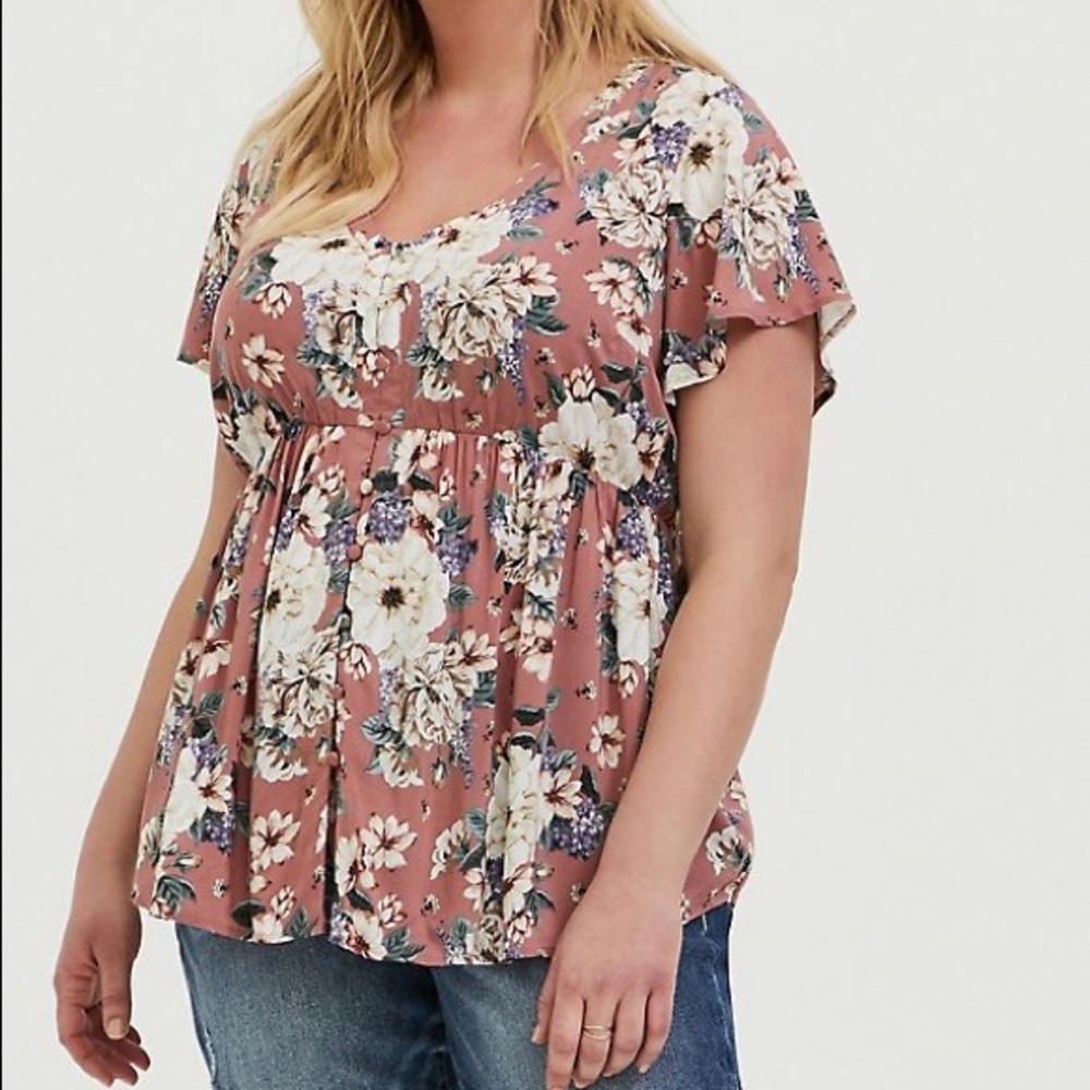 Torrid Dusty rose floral challis button babydoll top